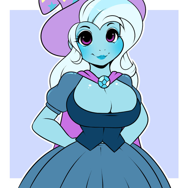 Size: 1280x1280 | Tagged: suggestive, artist:kloudmutt, derpibooru import, trixie, equestria girls, big breasts, blushing, breasts, busty trixie, cape, cleavage, clothes, dress, hat, image, jpeg, simple background, smiling, trixie's hat