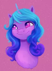Size: 3300x4500 | Tagged: safe, artist:saphypone, derpibooru import, izzy moonbow, pony, unicorn, abstract background, bust, cute, female, g5, high res, image, izzybetes, mare, png, smiling, solo