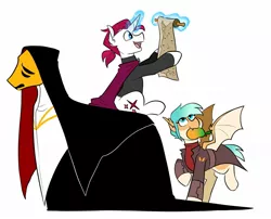 Size: 1436x1158 | Tagged: safe, artist:redxbacon, derpibooru import, oc, oc:astral hope, bat pony, earth pony, pony, unicorn, cape, clothes, female, food, image, jpeg, magic, male, mango