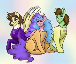 Size: 3159x2651 | Tagged: safe, artist:bellbell123, derpibooru import, oc, oc:aspen, oc:bella pinksavage, oc:ryan, alicorn, earth pony, pegasus, alicorn oc, bodysuit, brother and sister, catsuit, clothes, family, female, hippie, horn, image, jewelry, jpeg, latex, latex suit, male, necklace, peace, peace suit, peace symbol, rubber suit, siblings, sisters, trio, wings