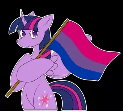 Size: 1280x1151 | Tagged: safe, artist:pokeskugga, derpibooru import, twilight sparkle, alicorn, bi, bisexual, bisexual flag, bisexual pride, bisexual pride flag, bisexual twilight, bi twi, black background, gender headcanon, headcanon, holding a flag, image, jpeg, lgbt headcanon, looking at you, no pupils, pride, pride flag, pride month, simple background, solo, spread wings, standing upright, twilight sparkle (alicorn), wings