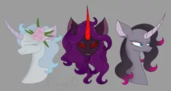 Size: 1467x783 | Tagged: safe, artist:0xyr0, derpibooru import, unicorn, them's fightin' herds, alternate color palette, bust, community related, curved horn, female, flower, flower in hair, gray background, horn, image, png, pure oleander, simple background