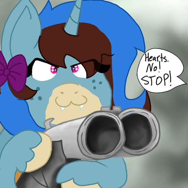 Size: 1500x1500 | Tagged: semi-grimdark, alternate version, artist:heartsy-artsy-pony, derpibooru import, oc, oc:heartistry, commission, funny, image, meme, parody, png, pull the trigger piglet, solo