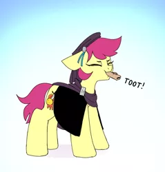 Size: 1213x1268 | Tagged: safe, artist:tallaferroxiv, oc, unofficial characters only, earth pony, pony, cape, cloak, clothes, earth pony oc, eyes closed, female, hat, image, jpeg, kazoo, mare, musical instrument, newbie artist training grounds, onomatopoeia, playing instrument, solo, toot