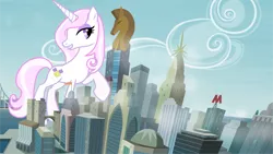 Size: 3840x2160 | Tagged: safe, artist:abion47, artist:weegeestareatyou, derpibooru import, fleur-de-lis, pony, unicorn, city, cityscape, crystaller building, female, giant pony, giant unicorn, giantess, image, macro, manehattan, mare, mega giant, png