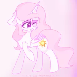 Size: 1200x1200 | Tagged: safe, alternate version, artist:memengla, derpibooru import, princess celestia, alicorn, pony, female, image, mare, one eye closed, pink background, png, simple background, smiling, solo, young celestia