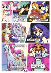 Size: 2100x3000 | Tagged: safe, artist:loryska, derpibooru import, oc, oc:clarabelle, oc:conundrum solar flare, oc:mezzanine, oc:plumeria, abyssinian, hybrid, pony, zony, comic:friendship grows, adopted offspring, clothes, ear fluff, floppy ears, image, offspring, parent:quibble pants, parent:rainbow dash, parent:sweetie belle, parents:quibbledash, png, unshorn fetlocks