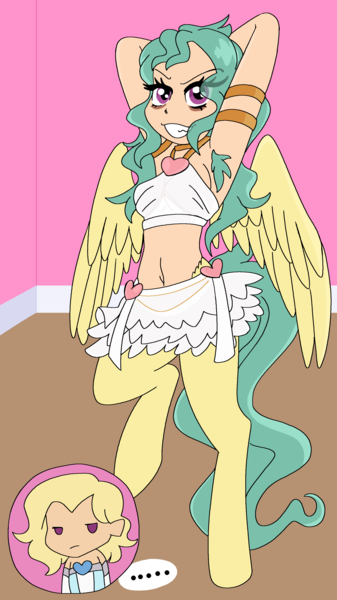 Size: 1779x3169 | Tagged: suggestive, artist:/d/non, artist:gameboyadvancesp, derpibooru import, oc, oc:drizzle, oc:gale, satyr, armpit hair, clothes, cosplay, costume, image, panty and stocking with garterbelt, parent:zephyr breeze, png