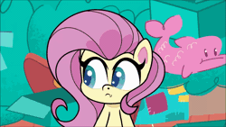 Size: 1920x1080 | Tagged: safe, derpibooru import, screencap, fluttershy, crab, pegasus, pony, my little pony: pony life, spoiler:pony life s02e09, absurd file size, absurd gif size, animated, breaking the fourth wall, female, gif, grin, image, mare, potion ocean, smiling, solo, sun, sunbathing, sunglasses, thought bubble, throwing, time after time capsule