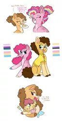 Size: 1669x3260 | Tagged: safe, artist:moccabliss, derpibooru import, cheese sandwich, li'l cheese, pinkie pie, oc, oc:cake pop, earth pony, pony, the last problem, alternate design, brother and sister, cake, cheesecake, cheesepie, colt, crying, female, filly, food, hug, image, male, mother and child, mother and daughter, mouth hold, mouthpiece, offspring, parent:cheese sandwich, parent:pinkie pie, parents:cheesepie, png, shipping, siblings, simple background, straight, twitterina design, white background