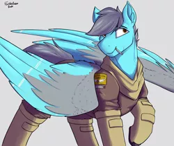 Size: 2972x2509 | Tagged: safe, artist:flashnoteart, derpibooru import, oc, oc:altocumulus, pegasus, boots, cigarette, clothes, colored, image, png, shoes, simple background, smiling, smoking, solo, uniform, walking, wings