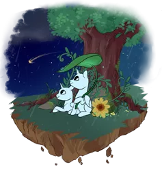 Size: 800x844 | Tagged: safe, artist:lavvythejackalope, derpibooru import, oc, unofficial characters only, alicorn, pony, alicorn oc, commission, duo, floating island, horn, image, looking up, lying down, night, outdoors, png, prone, shooting star, simple background, sitting, smiling, transparent background, tree, wings, your character here