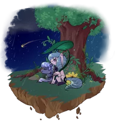 Size: 800x844 | Tagged: safe, artist:lavvythejackalope, derpibooru import, oc, unofficial characters only, earth pony, pony, commission, duo, earth pony oc, floating island, image, looking up, lying down, night, outdoors, png, prone, shooting star, simple background, sitting, smiling, transparent background, tree, ych result