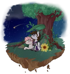Size: 800x844 | Tagged: safe, artist:lavvythejackalope, derpibooru import, oc, unofficial characters only, earth pony, pony, clothes, commission, duo, earth pony oc, floating island, image, looking up, lying down, night, outdoors, png, prone, scarf, shooting star, simple background, sitting, smiling, transparent background, tree, ych result