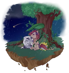 Size: 800x844 | Tagged: safe, artist:lavvythejackalope, derpibooru import, oc, unofficial characters only, earth pony, pony, commission, duo, earth pony oc, floating island, flower, image, looking up, lying down, night, outdoors, png, prone, shooting star, simple background, sitting, smiling, transparent background, tree, ych result