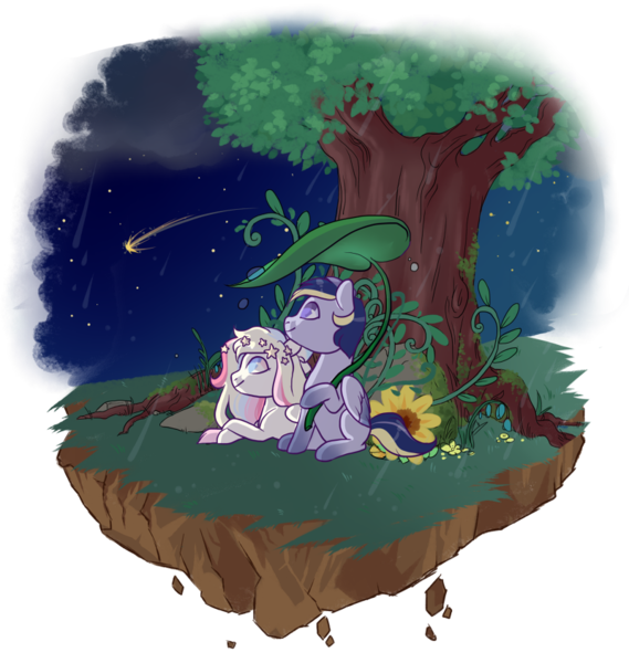 Size: 800x844 | Tagged: safe, artist:lavvythejackalope, derpibooru import, oc, unofficial characters only, pegasus, pony, commission, duo, ethereal mane, floating island, flower, image, looking up, lying down, night, outdoors, pegasus oc, png, prone, shooting star, simple background, sitting, smiling, starry mane, transparent background, tree, wings, ych result