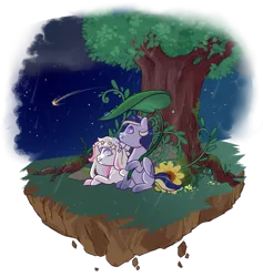 Size: 800x844 | Tagged: safe, artist:lavvythejackalope, derpibooru import, oc, unofficial characters only, pegasus, pony, commission, duo, ethereal mane, floating island, flower, image, looking up, lying down, night, outdoors, pegasus oc, png, prone, shooting star, simple background, sitting, smiling, starry mane, transparent background, tree, wings, ych result