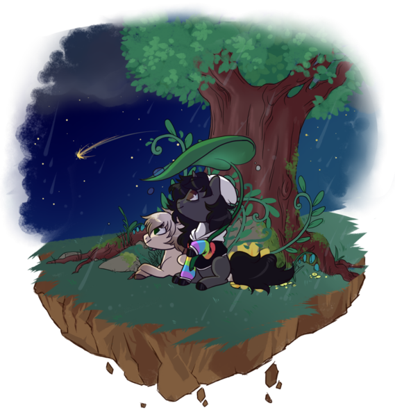 Size: 800x844 | Tagged: safe, artist:lavvythejackalope, derpibooru import, oc, unofficial characters only, earth pony, pony, beanie, commission, duo, earth pony oc, floating island, flower, hat, image, looking up, lying down, night, outdoors, png, prone, shooting star, simple background, sitting, smiling, transparent background, tree, ych result