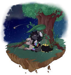 Size: 800x844 | Tagged: safe, artist:lavvythejackalope, derpibooru import, oc, unofficial characters only, earth pony, pony, beanie, commission, duo, earth pony oc, floating island, flower, hat, image, looking up, lying down, night, outdoors, png, prone, shooting star, simple background, sitting, smiling, transparent background, tree, ych result