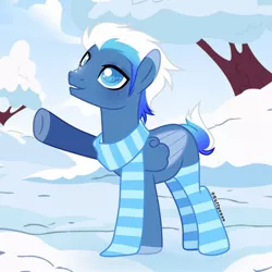 Size: 1080x1080 | Tagged: safe, alternate version, artist:fluffponee, derpibooru import, oc, unofficial characters only, pegasus, pony, clothes, colored hooves, image, jpeg, looking up, male, outdoors, pegasus oc, raised hoof, scarf, signature, smiling, snow, stallion, tree, two toned wings, wings