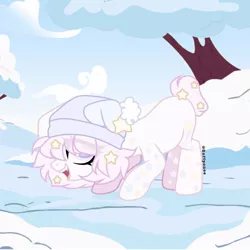 Size: 1080x1080 | Tagged: safe, alternate version, artist:fluffponee, derpibooru import, oc, unofficial characters only, earth pony, pony, earth pony oc, ethereal mane, eye clipping through hair, face down ass up, female, image, jpeg, mare, open mouth, outdoors, smiling, snow, starry mane, tree