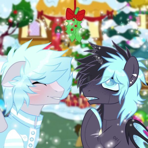 Size: 1080x1080 | Tagged: safe, artist:fluffponee, derpibooru import, oc, unofficial characters only, bat pony, pegasus, pony, robot, robot pony, bat pony oc, bat wings, blushing, christmas, christmas tree, clothes, duo, eyes closed, holiday, holly, holly mistaken for mistletoe, image, jpeg, male, outdoors, pegasus oc, smiling, snow, stallion, tree, wings