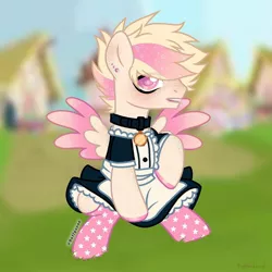 Size: 1080x1080 | Tagged: safe, artist:fluffponee, derpibooru import, oc, unofficial characters only, pegasus, pony, blushing, building, choker, clothes, crossdressing, dress, ethereal mane, hoof polish, image, jpeg, male, outdoors, pegasus oc, sitting, socks, solo, stallion, starry eyes, starry mane, wingding eyes, wings