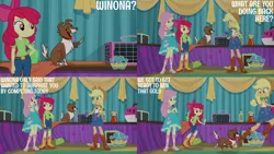 Size: 1280x720 | Tagged: safe, derpibooru import, edit, edited screencap, editor:quoterific, screencap, apple bloom, applejack, fluttershy, winona, dog, best in show: the pre-show, equestria girls, equestria girls series, spoiler:eqg series (season 2), adorabloom, apple bloom's bow, applejack's hat, belt, best in show logo, boots, bow, clothes, cowboy boots, cowboy hat, cute, cutie mark, cutie mark on clothes, denim skirt, eyes closed, female, geode of fauna, geode of super strength, hair bow, hat, image, jackabetes, jewelry, magical geodes, microphone, necklace, open mouth, png, sandals, shoes, shyabetes, skirt, smiling, winonabetes