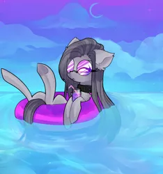 Size: 1354x1448 | Tagged: safe, artist:minty--fresh, derpibooru import, marble pie, earth pony, cloud, collar, commission, drink, ear fluff, image, inner tube, long hair, long mane, long tail, night, night sky, ocean, png, sky, solo, stars, summer, sunglasses, underhoof, water