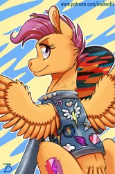 Size: 1101x1656 | Tagged: safe, artist:inuhoshi-to-darkpen, derpibooru import, scootaloo, pegasus, pony, clothes, ear fluff, image, jacket, looking at you, looking back, looking back at you, patch, png, scooting, skateboard, wing fluff