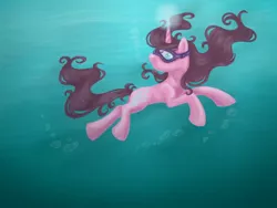 Size: 960x720 | Tagged: safe, artist:lavenderrain24, derpibooru import, oc, unofficial characters only, pony, unicorn, blue eyes, bubble, crepuscular rays, diving goggles, female, flowing mane, image, jpeg, looking up, ocean, solo, speedpaint, sunlight, swimming, underwater, water