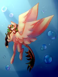 Size: 1500x2000 | Tagged: safe, artist:avmire, derpibooru import, oc, unofficial characters only, pegasus, pony, blue eyes, bubble, crepuscular rays, feather, female, flying, green eyes, image, ocean, png, smiling, solo, spread wings, sunlight, tail, underwater, water, wings