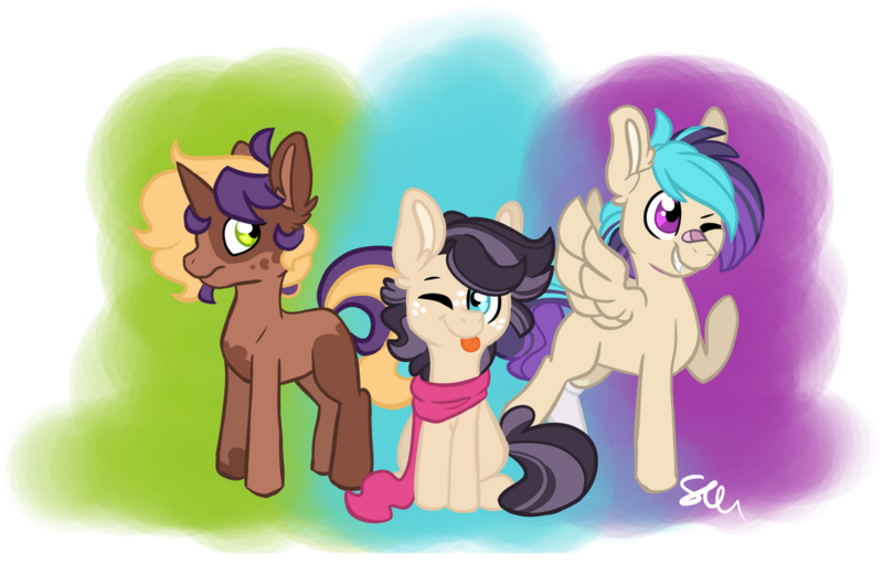 Size: 1024x654 | Tagged: safe, artist:l00giedoogie, derpibooru import, oc, oc:indiana, oc:rocket roll, unofficial characters only, earth pony, pegasus, pony, unicorn, colt, female, filly, image, magical lesbian spawn, male, offspring, parent:apple bloom, parent:diamond tiara, parent:pipsqueak, parent:scootaloo, parent:sweetie belle, parent:toola roola, parents:diamondbloom, parents:sweetiesqueak, parents:toolaloo, png, simple background, transparent background