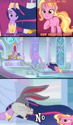 Size: 1020x1740 | Tagged: safe, derpibooru import, edit, edited screencap, screencap, luster dawn, princess twilight 2.0, spike, twilight sparkle, twilight sparkle (alicorn), alicorn, dragon, pony, unicorn, the last problem, bugs bunny, bugs bunny's no, female, g5, image, long neck, loony tunes, male, meme, no, older, older spike, older twilight, png, trio, wat