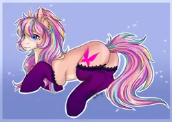 Size: 3508x2480 | Tagged: safe, artist:themstap, derpibooru import, oc, butterfly, earth pony, insect, pony, blushing, butt, clothes, commission, commission result, female, image, large butt, mare, png, socks, solo, stockings, thigh highs, underhoof, ych example, ych result, your character here