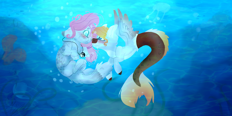 Size: 2000x1000 | Tagged: safe, artist:dashkatortik12222222, derpibooru import, oc, unofficial characters only, merpony, pegasus, pony, bubble, crepuscular rays, dorsal fin, fish tail, flowing tail, image, looking at each other, ocean, png, signature, spread wings, sunlight, swimming, tail, underwater, water, wings