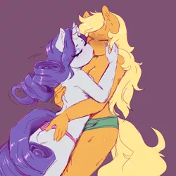 Size: 2500x2500 | Tagged: suggestive, artist:currentlytr_ash, derpibooru import, applejack, rarity, anthro, blushing, breast frottage, breast squish, breasts, butt, butt touch, clothes, duo, duo female, embrace, eyes closed, female, females only, freckles, french kiss, hand behind back, hand on butt, high res, image, kissing, lesbian, making out, panties, partial nudity, passionate, png, rarijack, shipping, simple background, topless, underwear