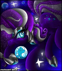 Size: 2290x2619 | Tagged: safe, artist:rocioam7, derpibooru import, nightmare rarity, pony, unicorn, armor, blue eyes, bubble, colored pupils, crown, eyelashes, female, flowing tail, gem, glow, holding breath, hoof shoes, horn, image, jewelry, jpeg, looking up, ocean, purple mane, regalia, solo, stars, swimming, tail, underwater, water