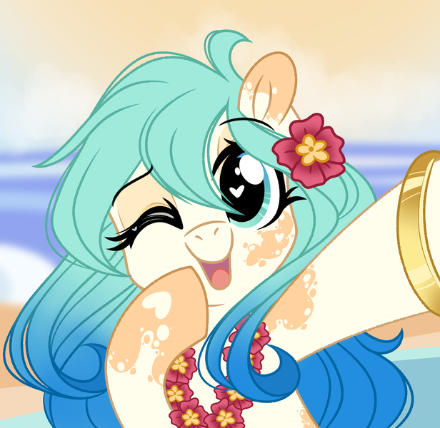 Size: 2190x2134 | Tagged: safe, artist:emberslament, derpibooru import, oc, oc:seascape, unofficial characters only, earth pony, pony, beach, bracelet, coat markings, cute, dappled, earth pony oc, female, flower, flower in hair, gradient mane, happy, image, jewelry, lei, looking at you, mare, ocbetes, one eye closed, open mouth, png, selfie, wink, winking at you