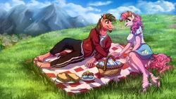 Size: 1920x1080 | Tagged: safe, artist:lupiarts, derpibooru import, pinkie pie, oc, oc:ace play, anthro, unguligrade anthro, basket, clothes, commission, couple, digital art, food, holding hands, image, jpeg, love, mountain, picnic, picnic basket, picnic blanket, ponyville, romance, romantic, sandwich, scenery, shipping, skirt, sky