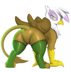 Size: 990x1003 | Tagged: safe, artist:diacordst, derpibooru import, gilda, gryphon, beak, bedroom eyes, butt, clothes, digital art, featureless crotch, female, gildonk, image, jpeg, looking at you, looking back, looking back at you, plot, rear view, simple background, smiling, smiling at you, socks, solo, solo female, stockings, tail, thigh highs, white background, wings