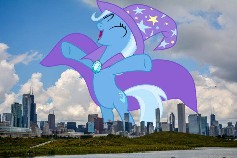 Size: 5100x3400 | Tagged: safe, derpibooru import, trixie, pony, unicorn, cape, chicago, clothes, female, giant pony, giant unicorn, giantess, hat, highrise ponies, image, irl, macro, mare, mega giant, mega trixie, photo, png, ponies in real life, trixie's brooch, trixie's cape, trixie's hat