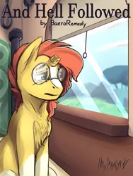 Size: 1500x2000 | Tagged: safe, artist:miramore, derpibooru import, sunburst, pony, unicorn, fanfic, fanfic:and hell followed, broken horn, carving, chair, chest fluff, cloud, cracked glass, day, distressed, fanfic art, fanfic cover, glasses, graffiti, hill, horn, image, mountain, png, sad, signature, sitting, solo, train, tree, window