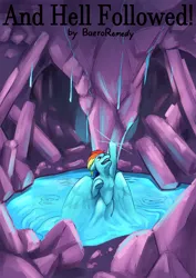 Size: 1034x1462 | Tagged: safe, artist:miramore, derpibooru import, rainbow dash, pegasus, pony, fanfic, fanfic:and hell followed, blue, cave, crystal, dripping, fanfic art, flying, glow, glowing body, image, magic, mana, png, pond, reflection, ripple, ripples, solo, speedpaint, underground