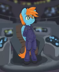 Size: 2048x2501 | Tagged: safe, artist:compound lift, derpibooru import, oc, oc:basso, unofficial characters only, pegasus, background, coveralls, horsin' around, image, jpeg, male, solo, star trek, star trek: enterprise