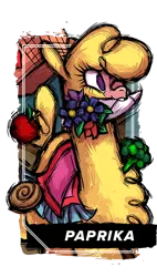 Size: 380x670 | Tagged: safe, artist:alts-art, derpibooru import, paprika paca, alpaca, them's fightin' herds, apple, blanket, broccoli, community related, flower, food, image, png, rose