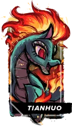 Size: 380x670 | Tagged: safe, artist:alts-art, derpibooru import, tianhuo, dragon, hybrid, longma, them's fightin' herds, community related, image, mane of fire, open mouth, png, simple background, tail of fire, transparent background
