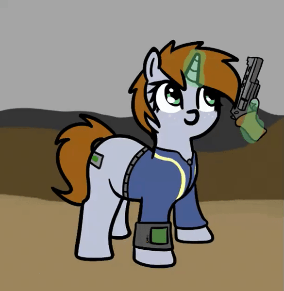 Size: 612x628 | Tagged: safe, alternate version, artist:neuro, oc, oc:littlepip, unofficial characters only, pony, unicorn, fallout equestria, animated, clothes, dancing, female, gif, gun, horn, image, magic, mare, pipbuck, shooting, solo, telekinesis, unicorn oc, vault suit, wasteland, weapon