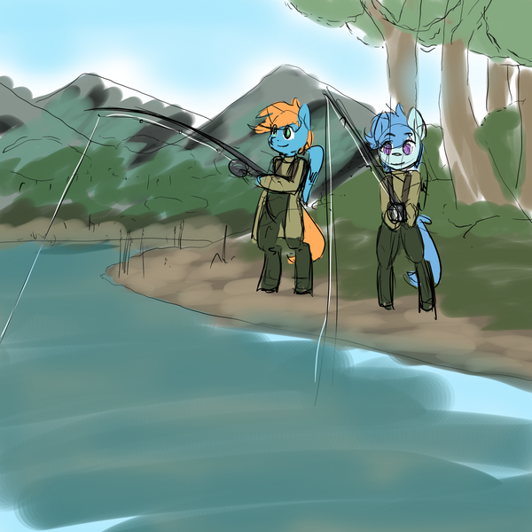 Size: 2048x2048 | Tagged: safe, artist:compound lift, derpibooru import, oc, oc:basso, oc:file folder, unofficial characters only, pegasus, pony, background, colored sketch, fishing, horsin' around, image, png