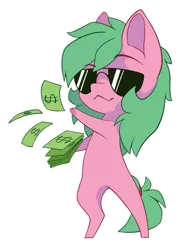 Size: 825x1089 | Tagged: safe, artist:arctic-fox, derpibooru import, oc, oc:pine berry, unofficial characters only, earth pony, pony, chibi, image, money, png, simple background, solo, sunglasses, transparent background